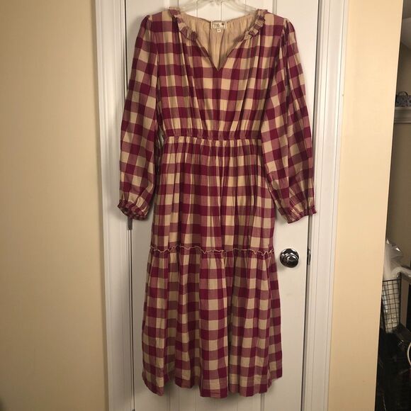 Mille Anthropologie Dress 100% Cotton Medium Gingham Tiered Boho Cottage Prairie - Picture 2 of 14